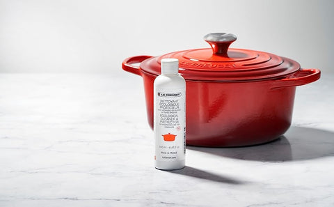 Close-up of Made in France label on Le Creuset cleaner highlighting quality
