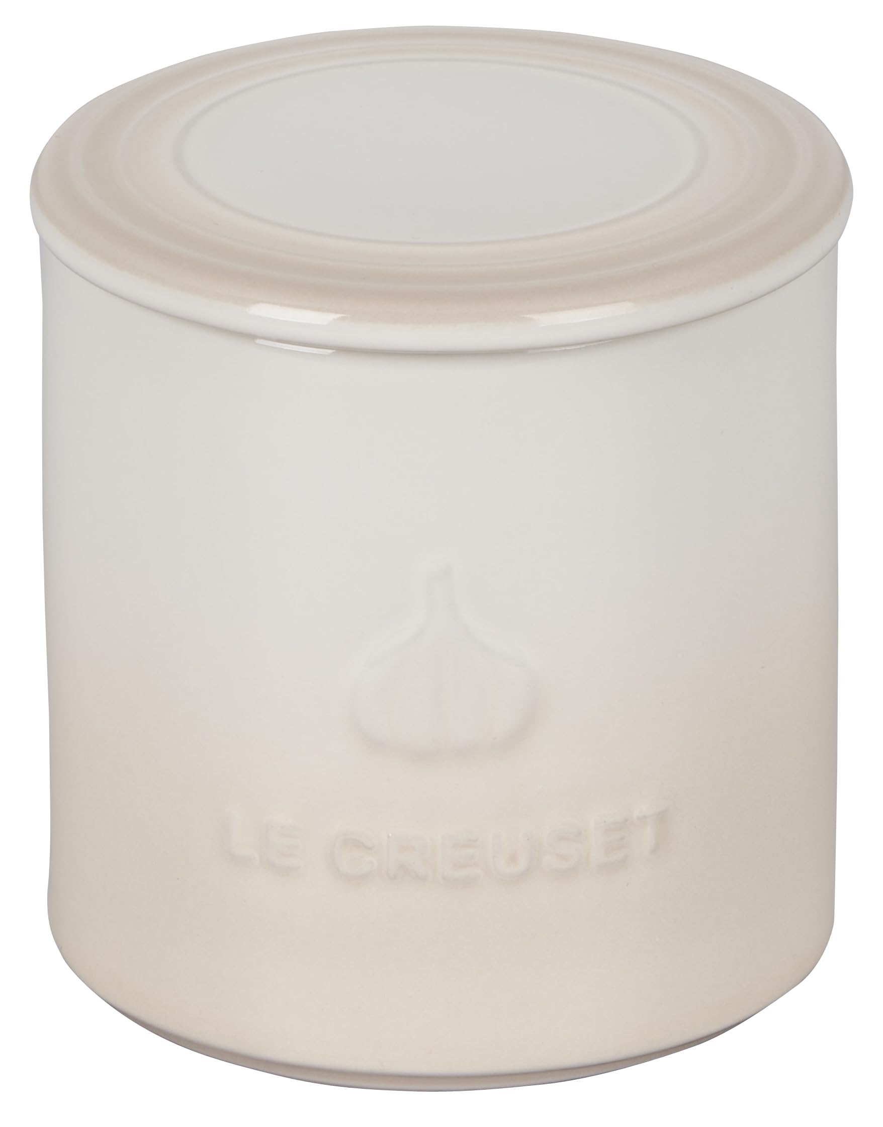 Le Creuset Garlic Keeper Meringue on countertop keeps ready-to-use garlic at hand.