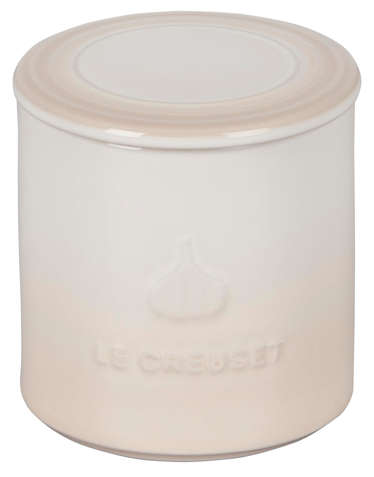 Le Creuset Garlic Keeper Meringue on countertop keeps ready-to-use garlic at hand.