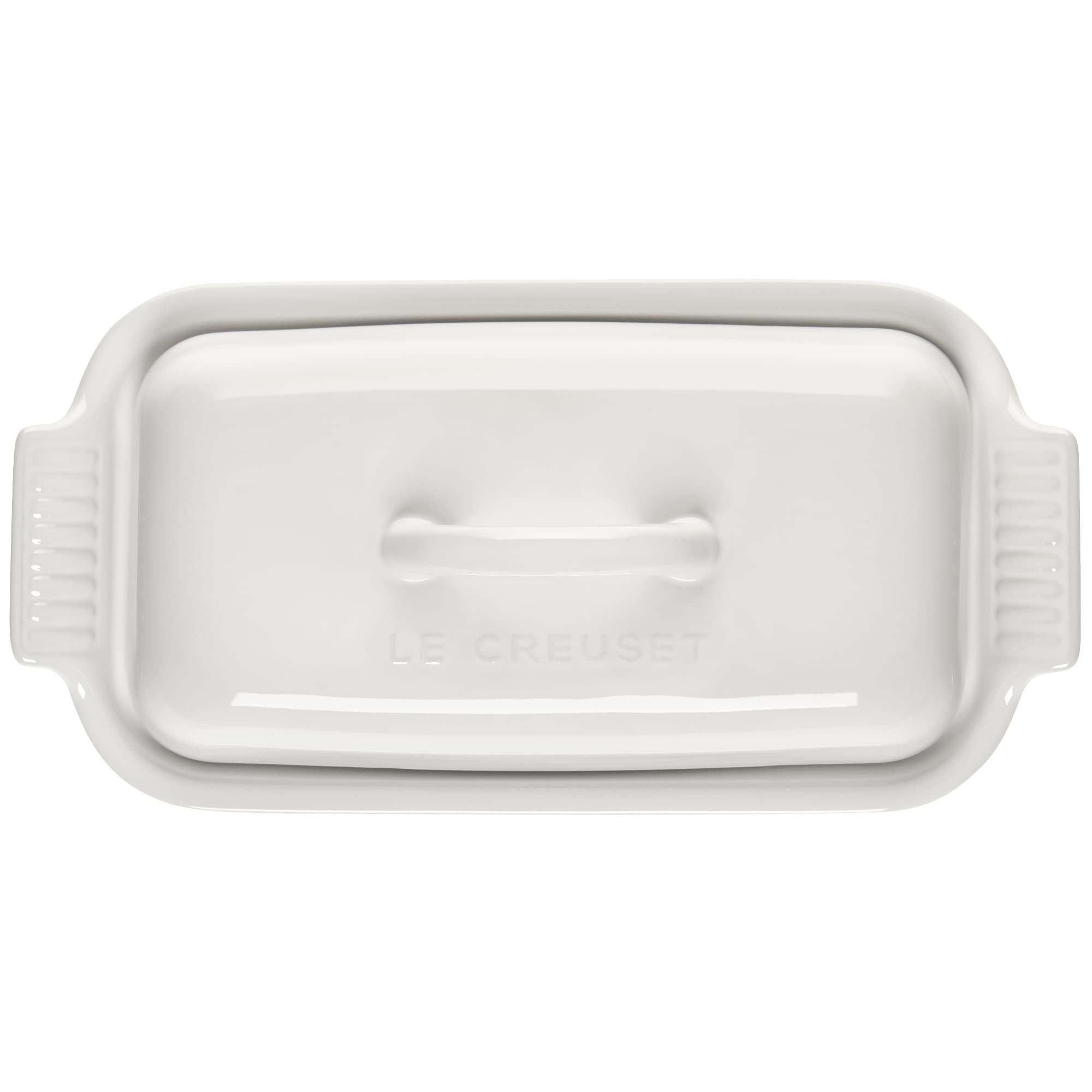 Le Creuset Heritage Butter Dish white close-up glaze shows nonporous, chip-resistant finish.