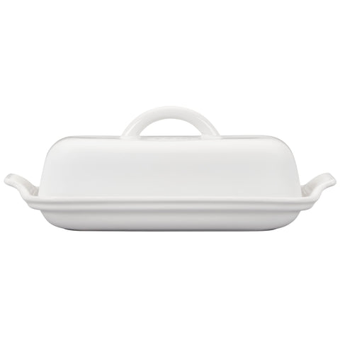 Le Creuset Heritage Butter Dish white in fridge, keeps butter fresh for easy mornings.