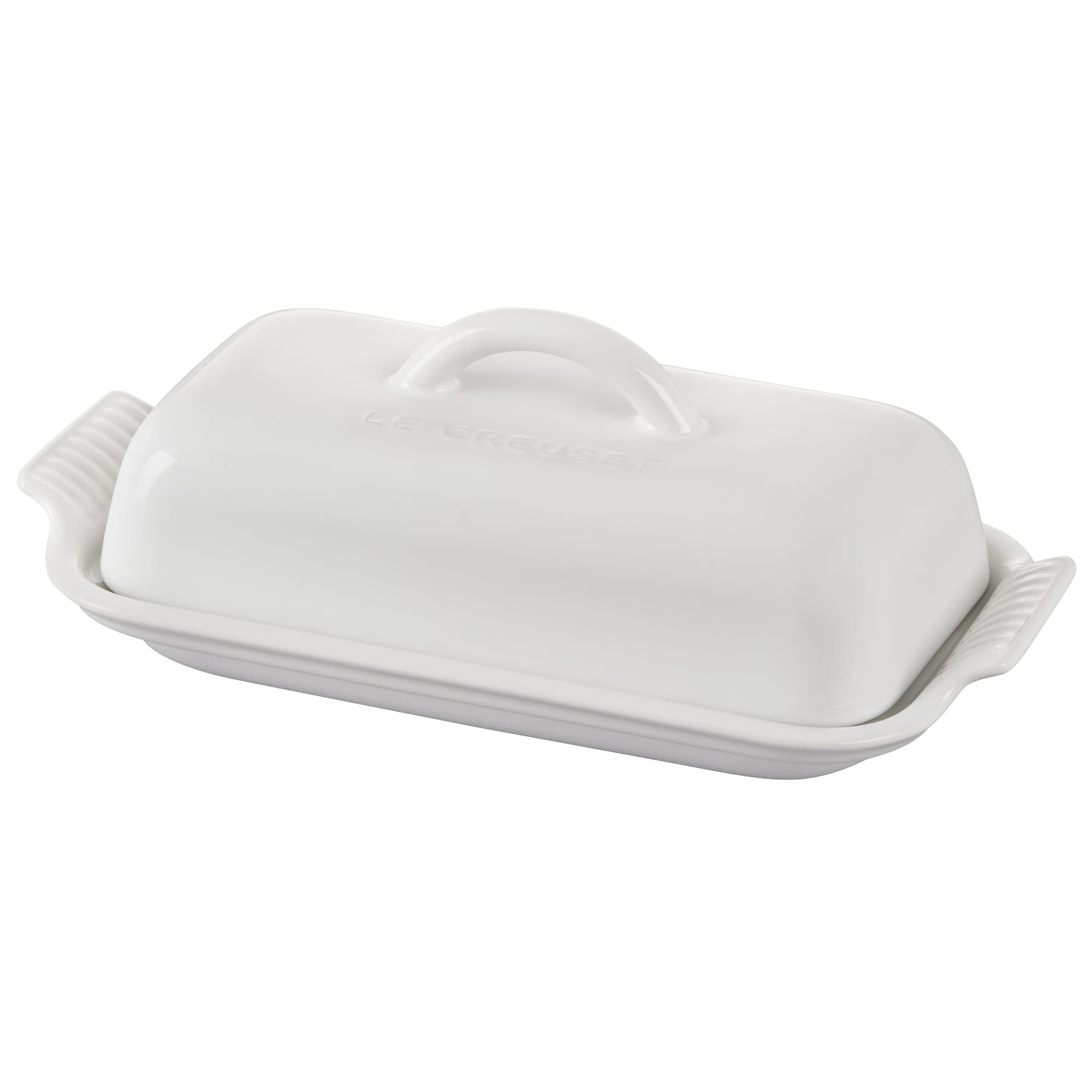 Le Creuset Heritage Butter Dish white, top view showing compact butter storage and glossy glaze.