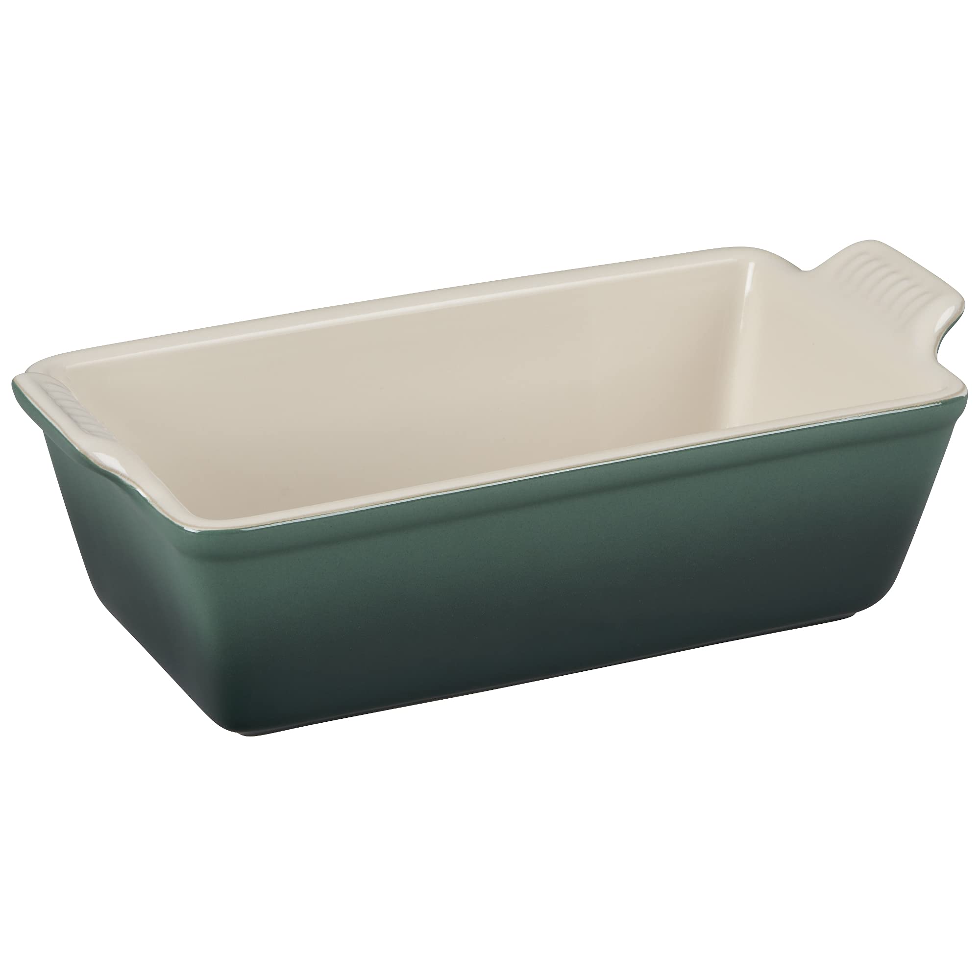 Le Creuset Heritage Loaf Pan in Artichaut, front view, even browning and easy release.