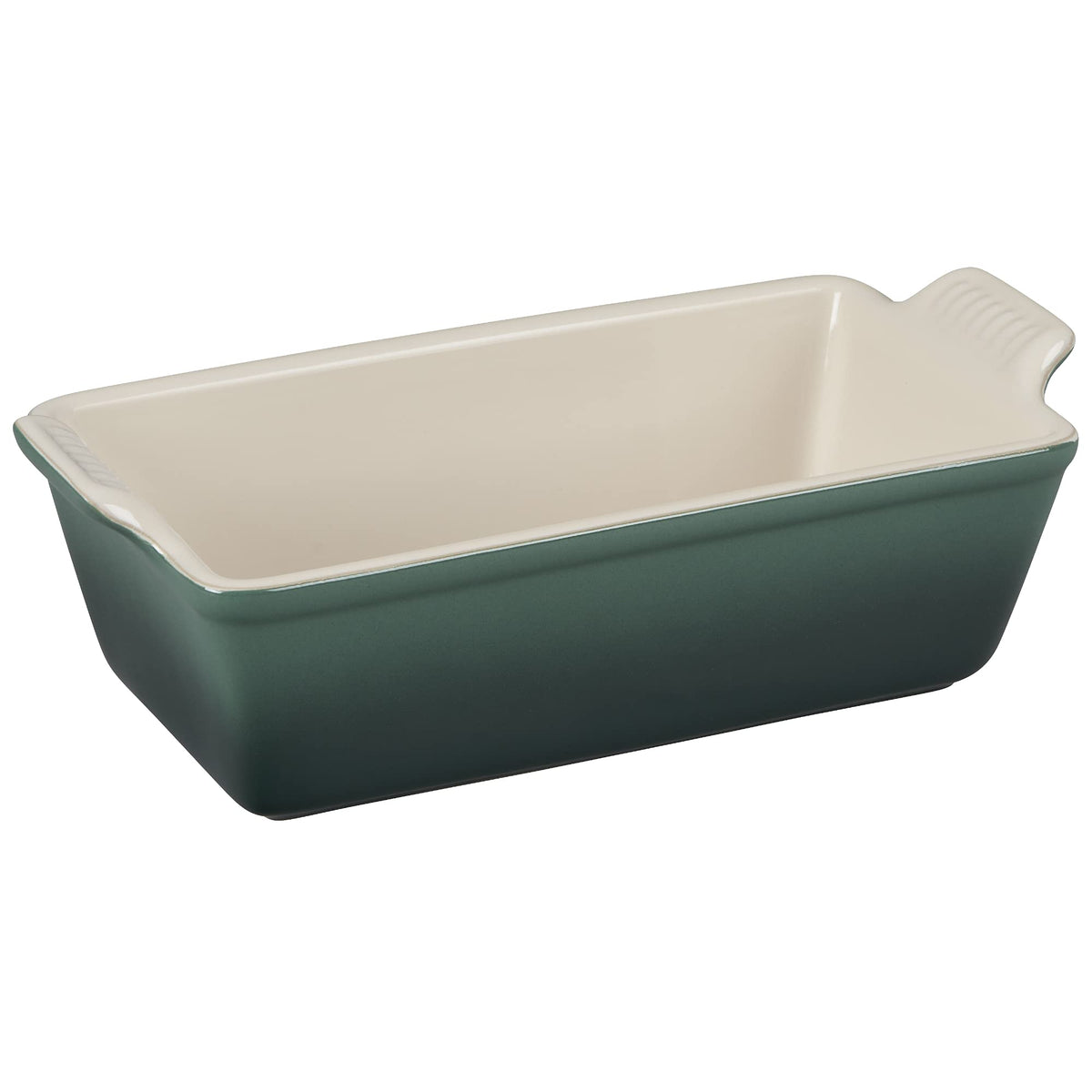 Le Creuset Heritage Loaf Pan in Artichaut, front view, even browning and easy release.