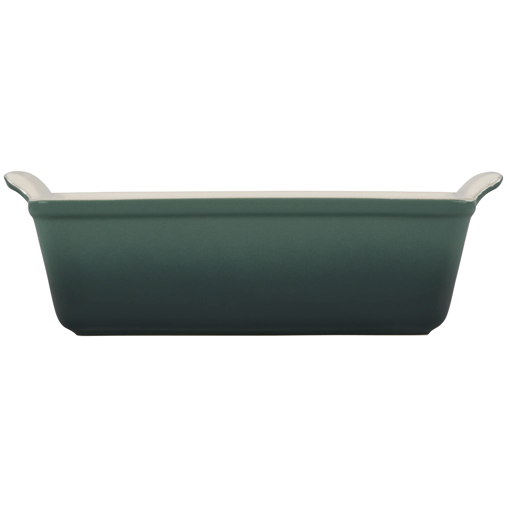 Le Creuset Heritage Loaf Pan in Artichaut, oven-ready finish preserves warmth for serving.