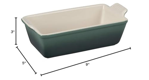 Le Creuset Heritage Loaf Pan on table, ideal for casseroles or cobblers.
