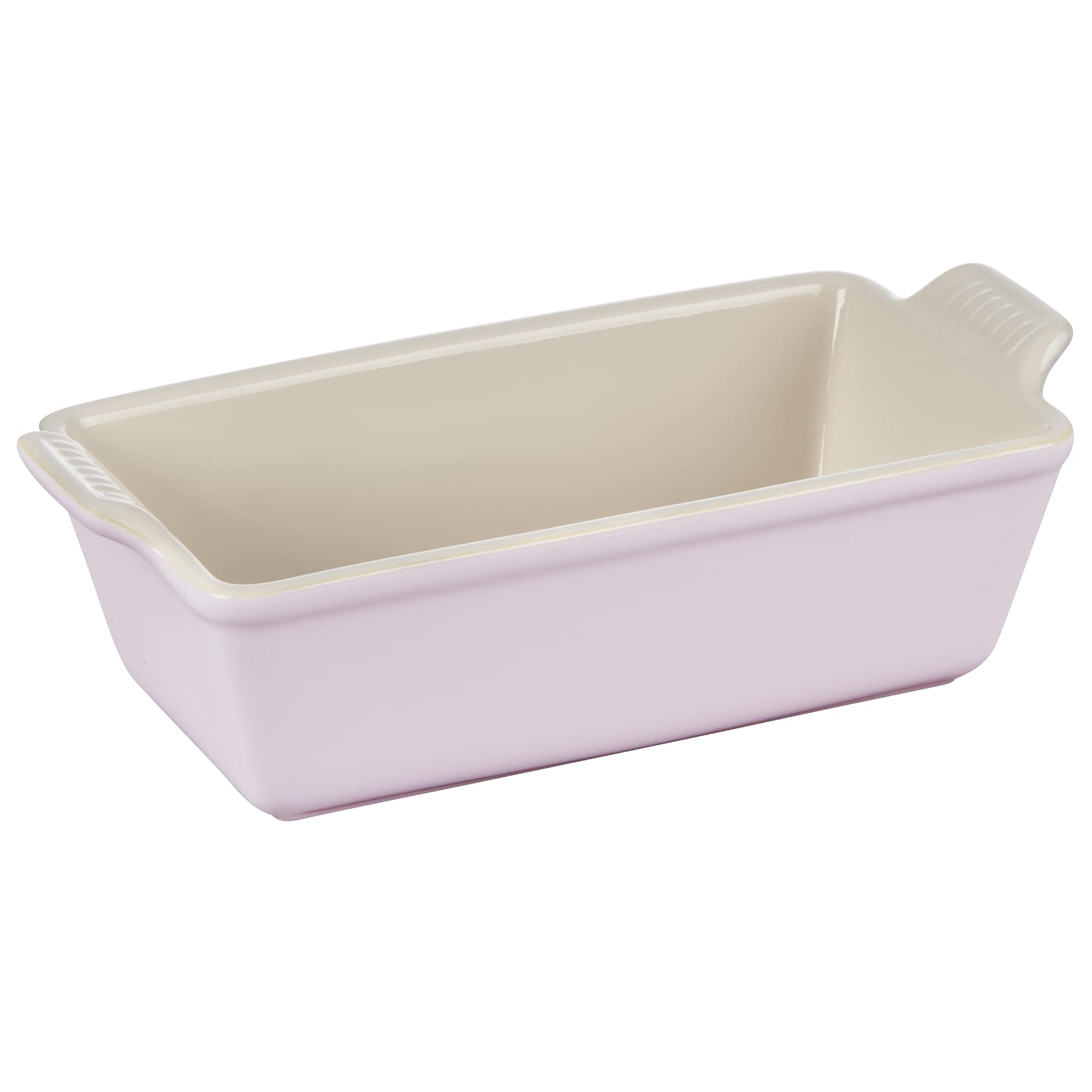 Le Creuset Heritage Loaf Pan in Shallot shows oven-to-table elegance and even browning.