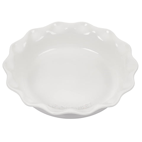 Le Creuset Heritage Pie Dish 9-inch white front view highlighting even baking and easy release.