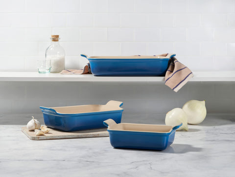 Le Creuset Heritage set displayed on counter for oven-to-table use