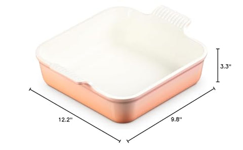Le Creuset Heritage Square 3qt Peche storage scene highlights thermal retention.