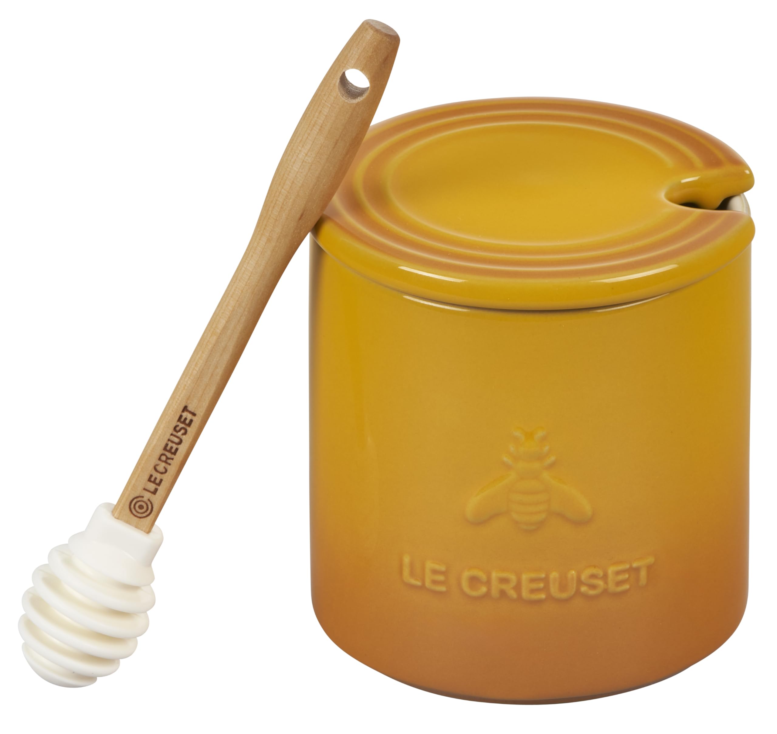 Le Creuset Nectar honey pot 14 oz with lid, perfect for slow drizzle in tea.