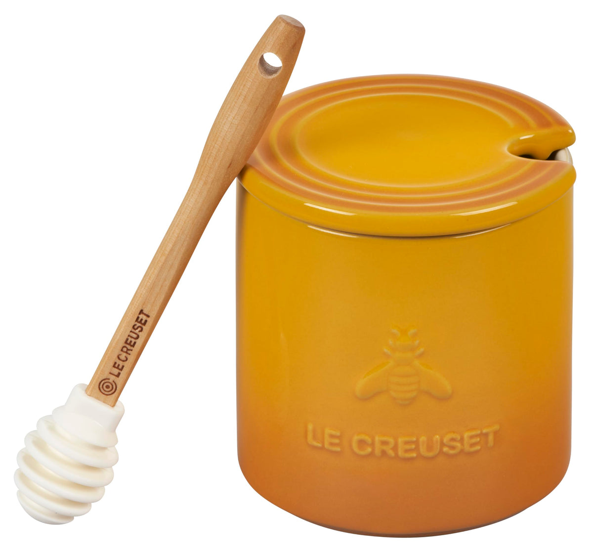Le Creuset Nectar honey pot 14 oz with lid, perfect for slow drizzle in tea.