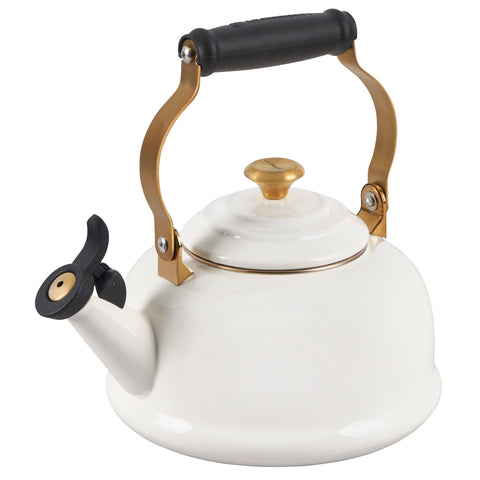 Gift-ready Le Creuset kettle styled for modern kitchens.