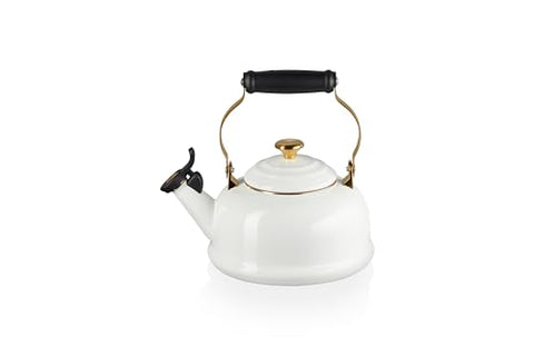Stay-cool handle on Le Creuset kettle enables safe pouring.