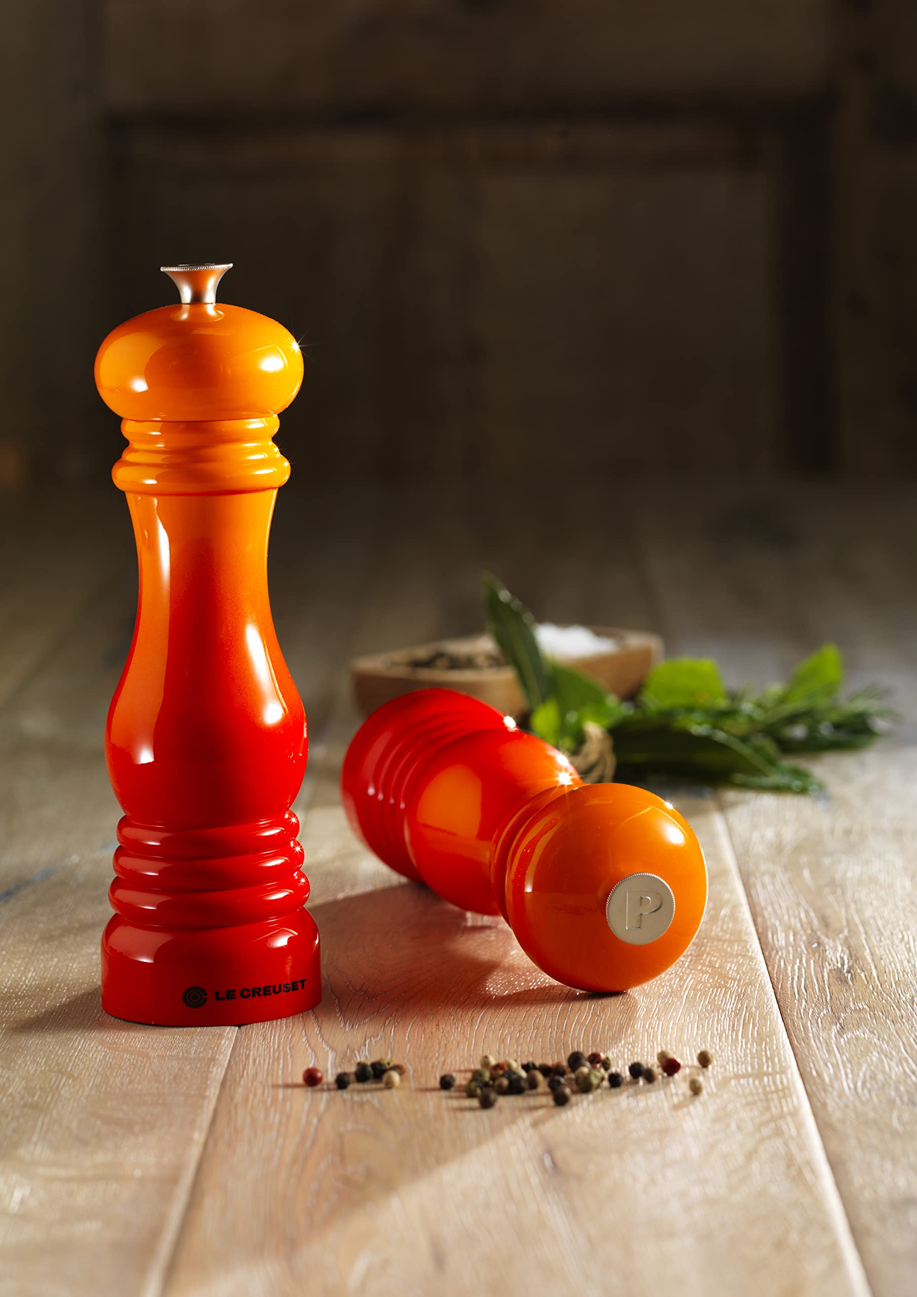 Le Creuset kitchen scene with Flame pepper mill as decor
