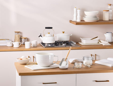 Le Creuset kitchen prep scene shows Marseille color in action.
