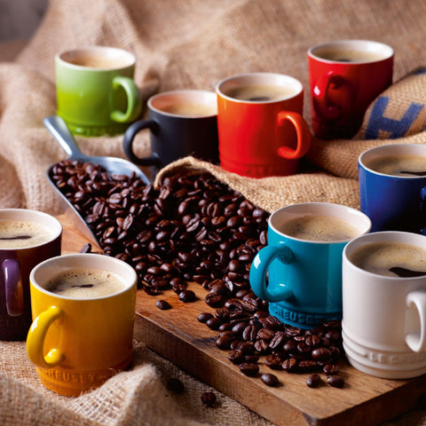 Le Creuset London mug stack displaying vibrant colors and storage ease