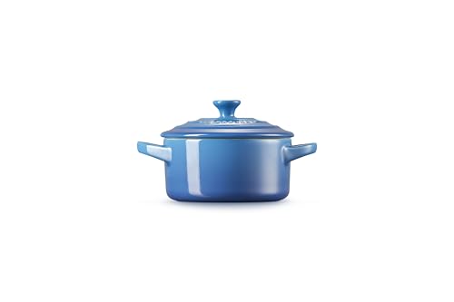 Le Creuset mini round cocotte Marseille with handles for easy transport from oven to table.