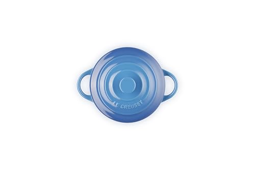 Le Creuset mini round cocotte Marseille with lid on shows heat-trapping design for even cooking.