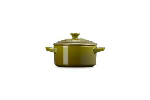 Le Creuset olive cocotte with virtually nonstick glaze for easy release.