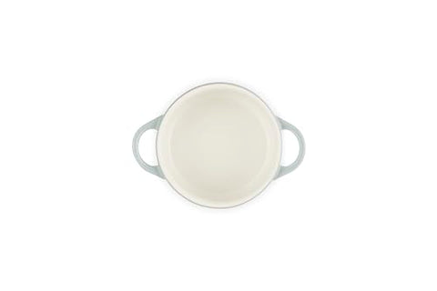 Le Creuset 8oz cocotte angle shot, vibrant Sea Salt color for entertaining.