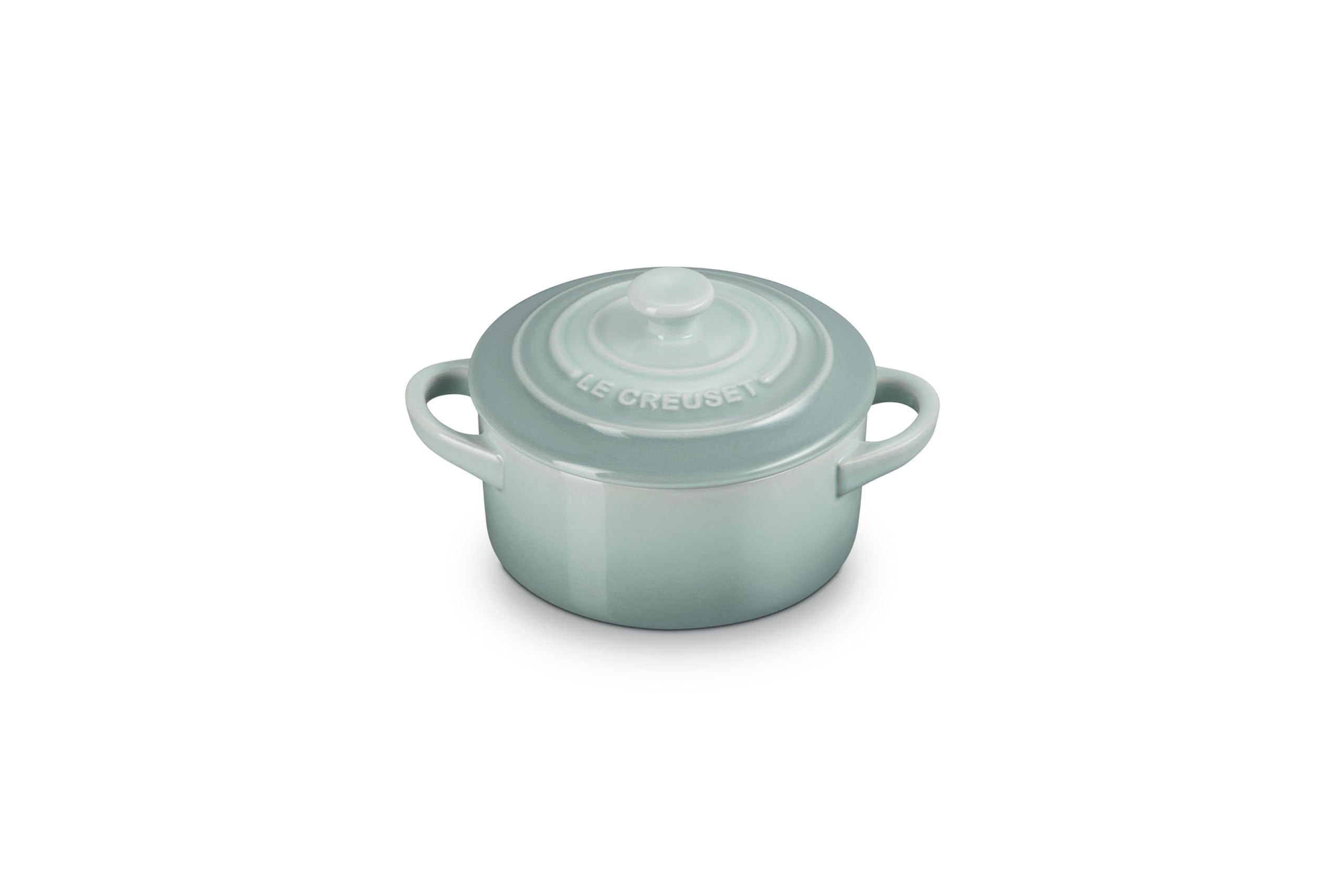 Le Creuset mini round cocotte Sea Salt 8oz, front view for individual servings.