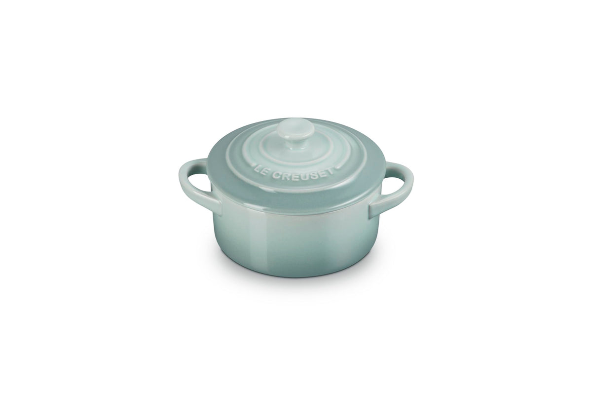 Le Creuset mini round cocotte Sea Salt 8oz, front view for individual servings.
