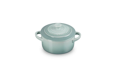 Le Creuset mini round cocotte Sea Salt 8oz, front view for individual servings.