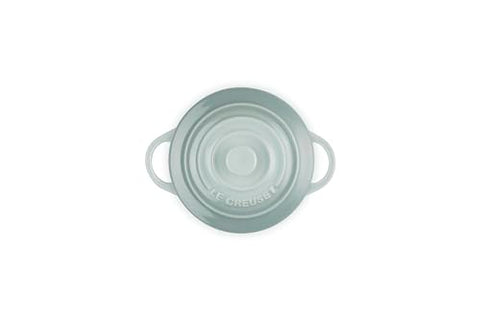 Le Creuset Sea Salt cocotte 8oz on table display, keeps food warm.