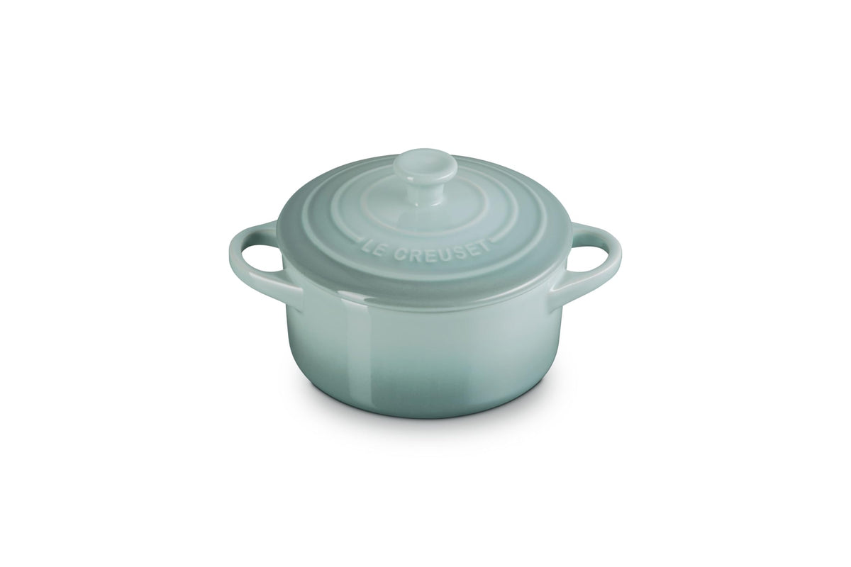 Le Creuset mini round cocotte Sea Salt front view with vibrant glaze for easy portioning.