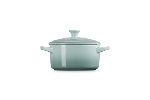 Le Creuset mini round cocotte Sea Salt interior glaze, nonstick release for quick cleanup.