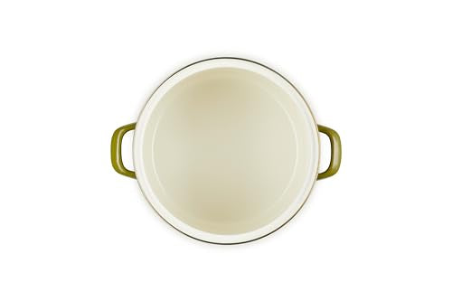 Le Creuset olive stockpot inside glaze emphasizes non-reactive enamel for soups