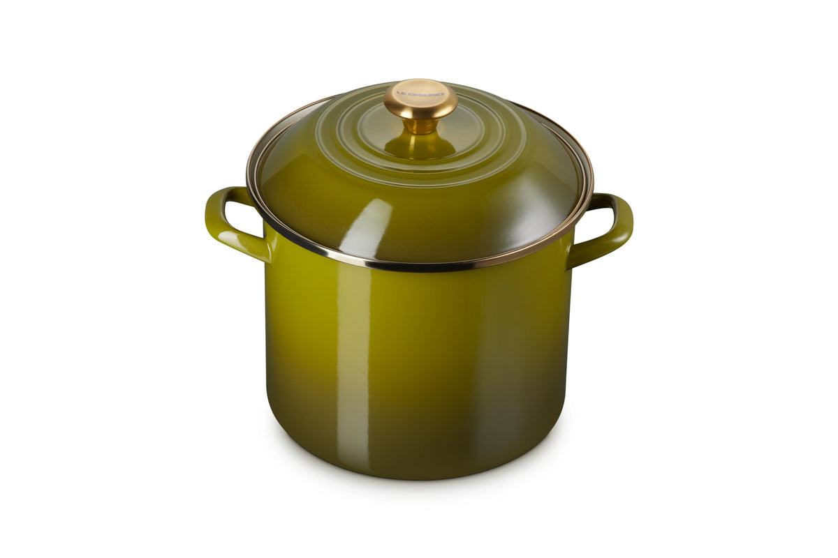 Le Creuset olive stockpot outer view highlights lightweight, fast-heating design
