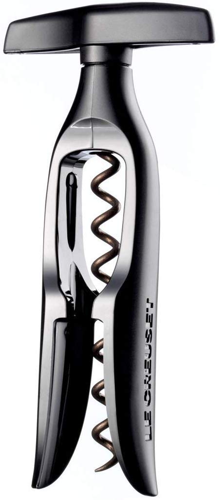 Le Creuset corkscrew in use, black finish, smooth extraction for any cork type.