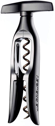 Le Creuset corkscrew in use, black finish, smooth extraction for any cork type.