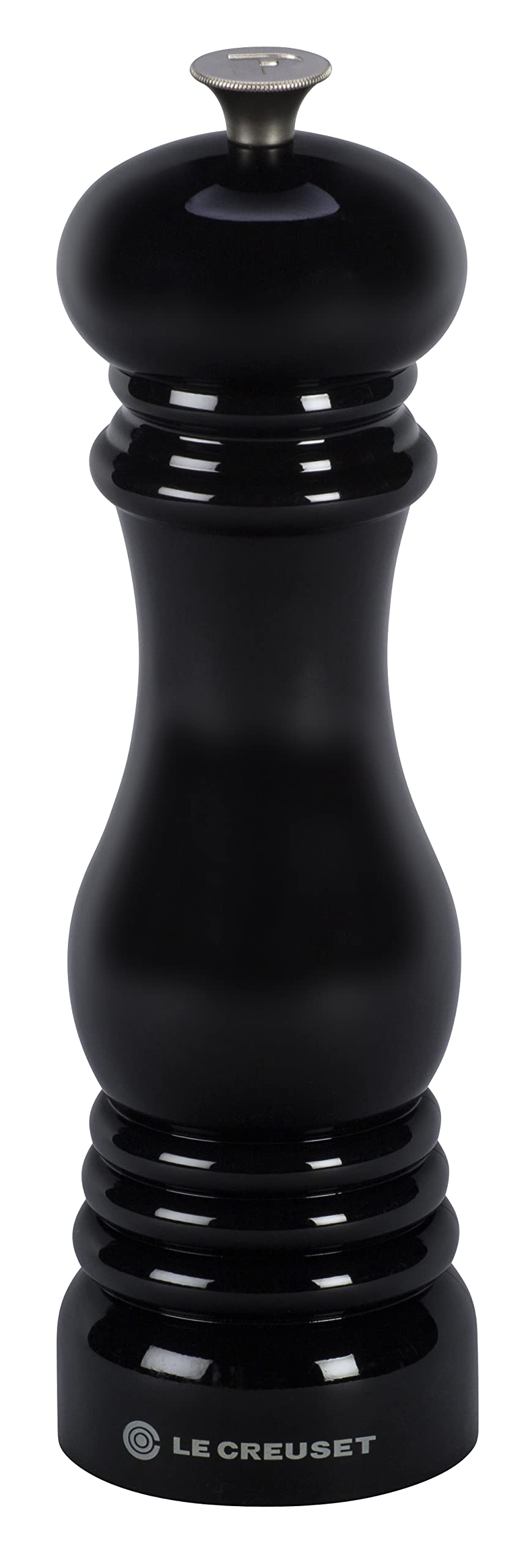Le Creuset pepper mill 8in black with ceramic grinder for consistent pepper grinding.