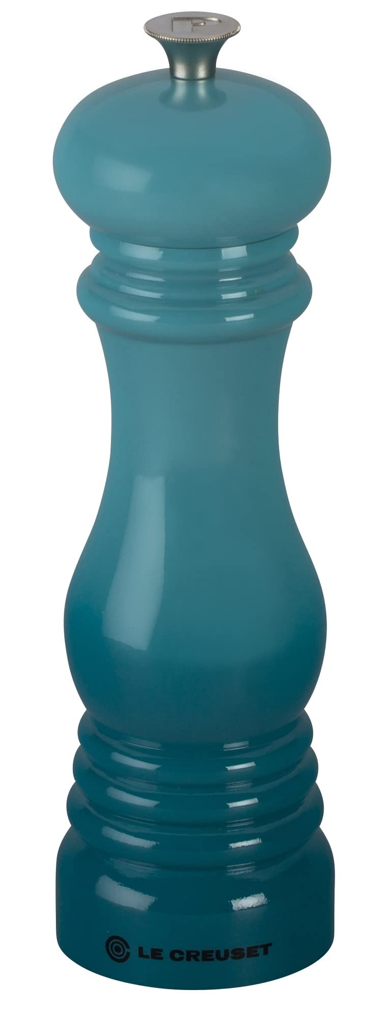 Le Creuset Caribbean pepper mill 8in with ceramic grinder for smooth pepper grinding.