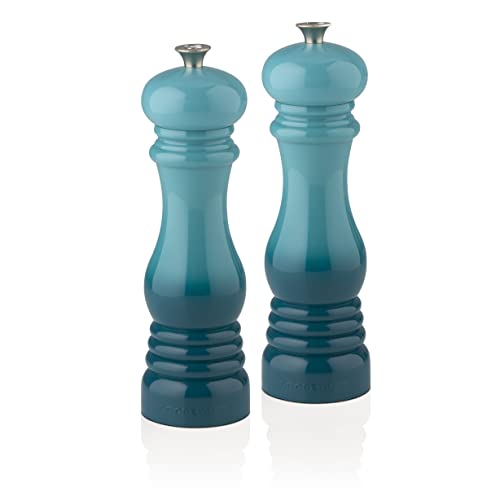 Le Creuset Caribbean pepper mill close-up on ceramic mechanism.
