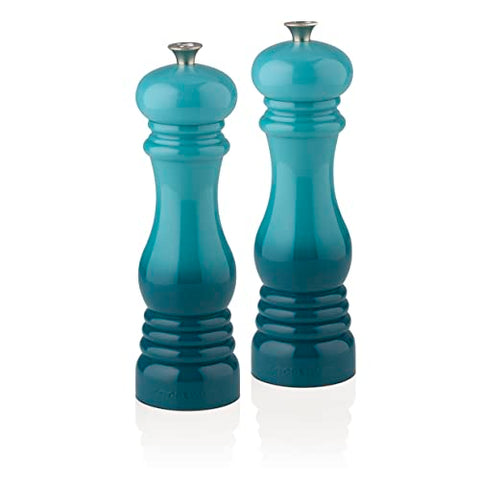 Le Creuset Caribbean pepper mill close-up on ceramic mechanism.
