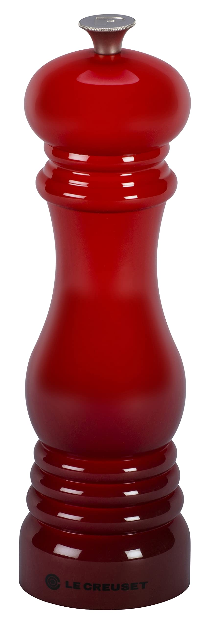 Le Creuset pepper mill cerise front view with precise ceramic grinder for fresh pepper