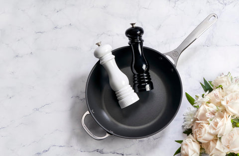 Le Creuset pepper mill exterior texture detail in white finish