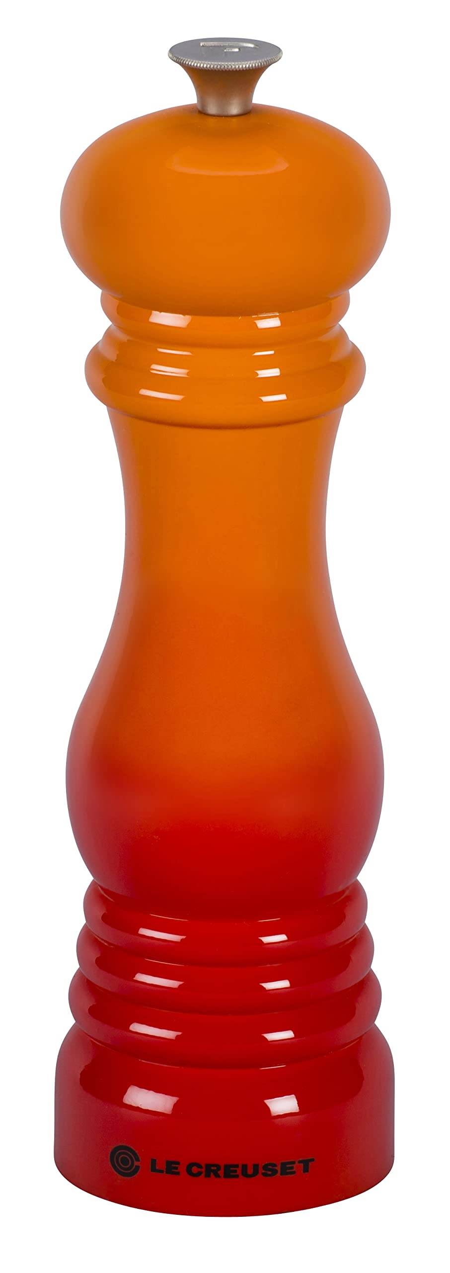 Le Creuset pepper mill Flame, 8in tall, ready for table seasoning
