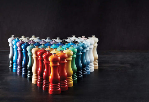 Le Creuset pepper mill refill frame supports easy, mess free filling.