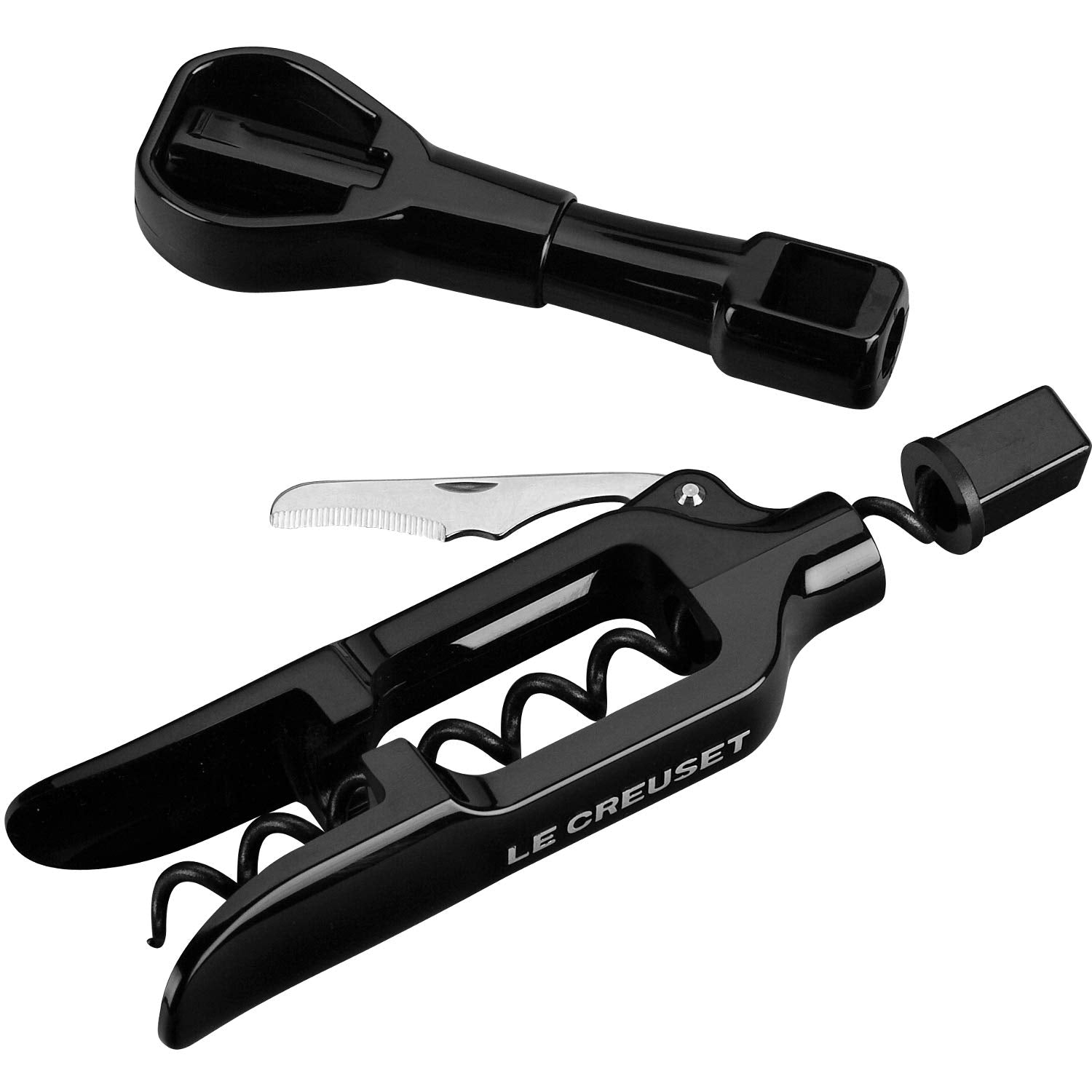 Le Creuset Pocket Model Wine Opener with rotating handle for effortless one-finger cork removal.