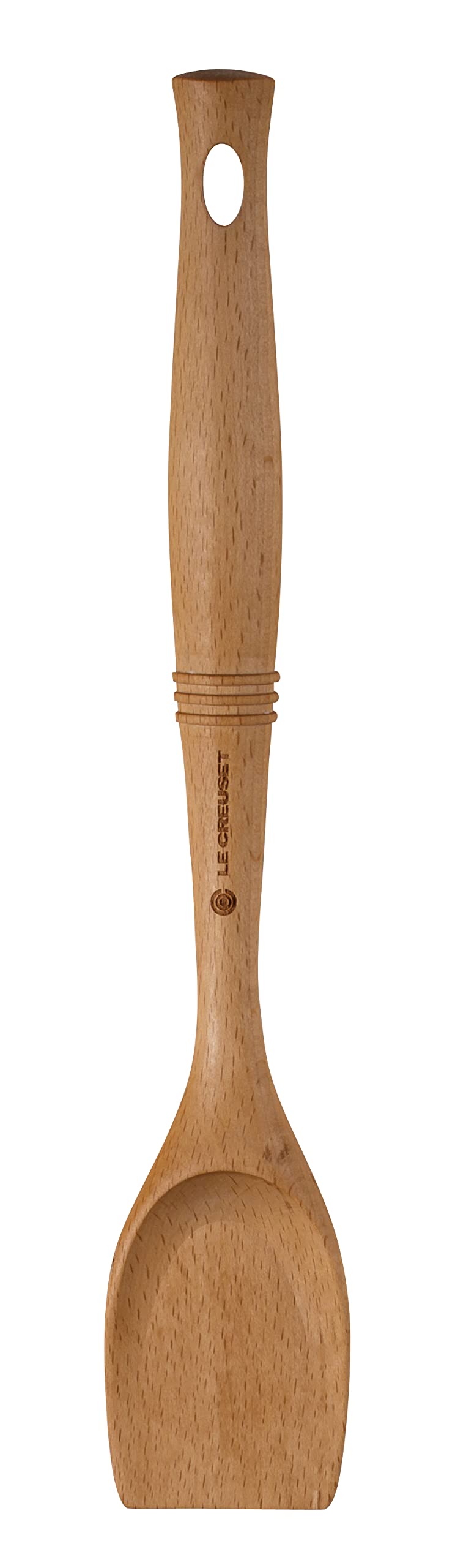 Le Creuset Revolution scraping spoon with wood handle for gentle nonstick scraping.