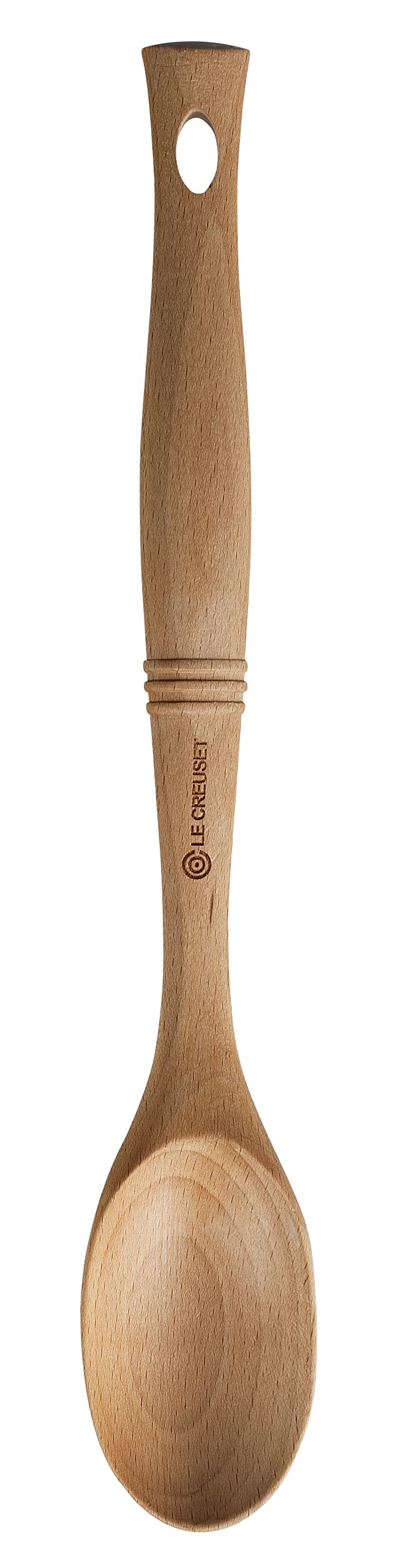 Le Creuset Revolution solid spoon with beech wood handle for durable, comfortable stirring.