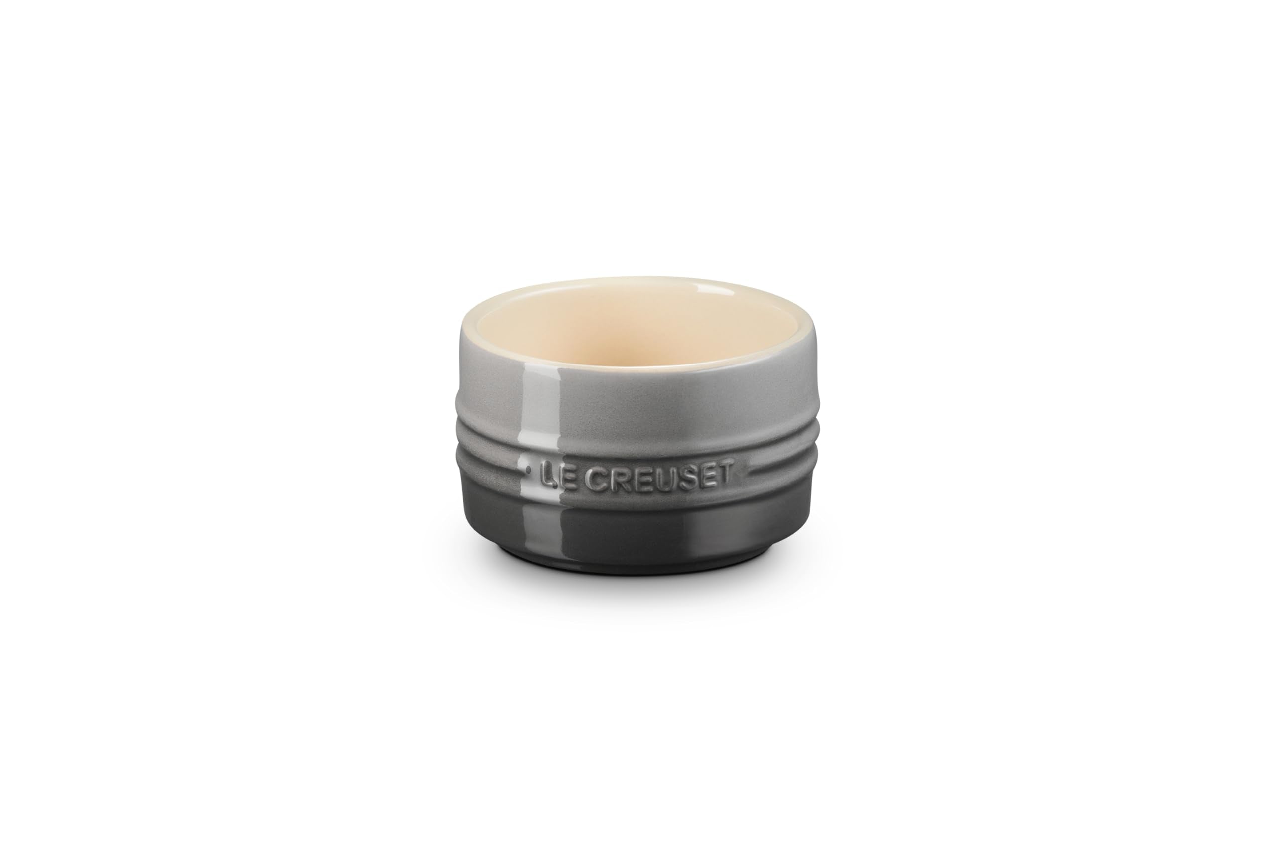 Le Creuset round stoneware ramekin 6.75oz Oyster, front view, elegant individual portions.