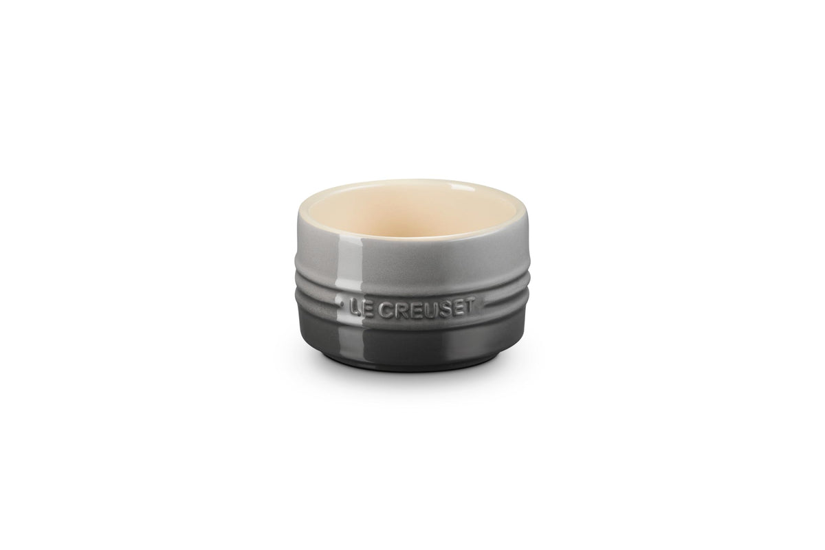 Le Creuset round stoneware ramekin 6.75oz Oyster, front view, elegant individual portions.