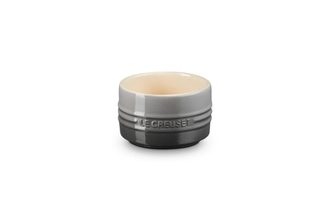 Le Creuset round stoneware ramekin 6.75oz Oyster, front view, elegant individual portions.