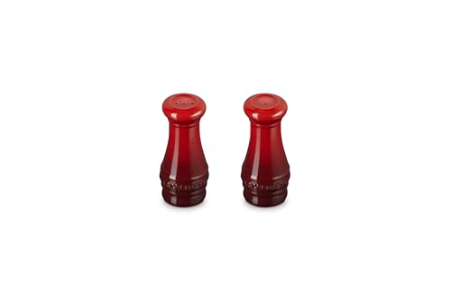 Le Creuset salt and pepper shakers Cerise, close-up enamel, odor-resistant.